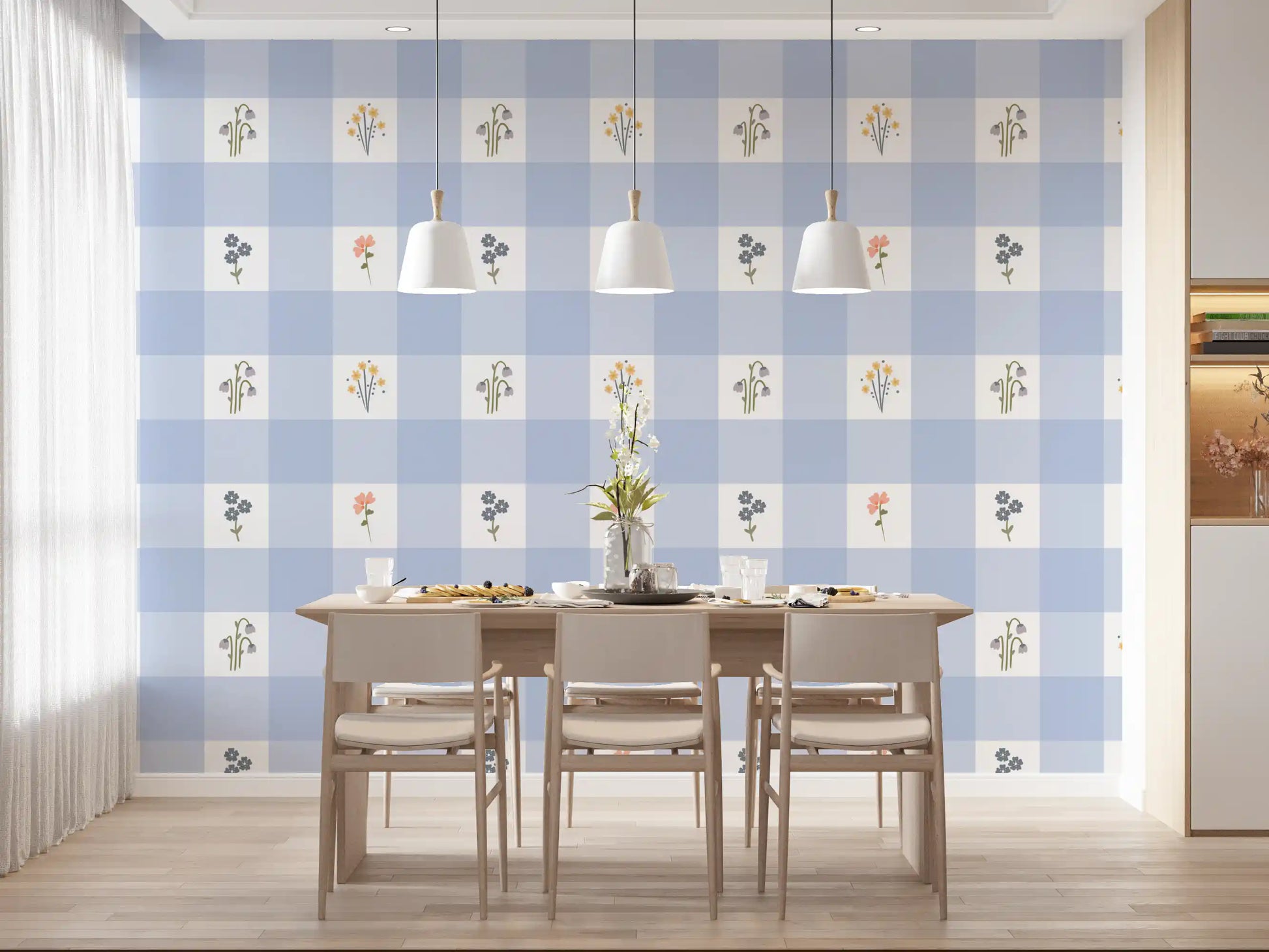 Lavender gingham wildflower wallpaper lining a bright Dining area