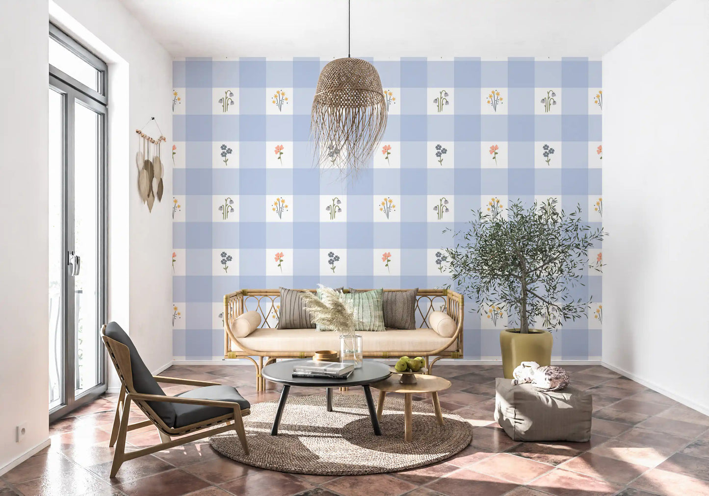Lavender-blue gingham grid with wildflower sprigs on Floral Gingham wallpaper