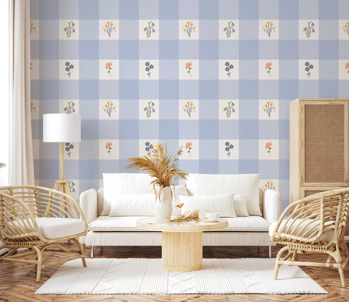 Soft Floral Gingham Wallpaper⁠