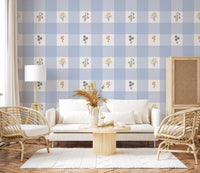 Living room dressed in the bluebell and daisy Floral Gingham wallpaper