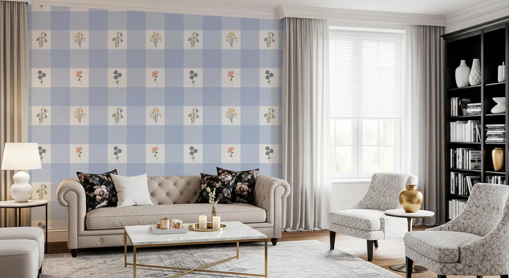 Floral Gingham wallpaper with yellow daisies in a modern living room