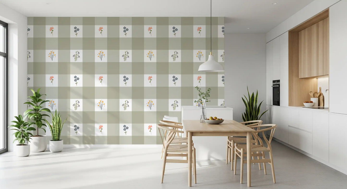Full repeat of the sage check Gingham Floral wallpaper with floral accents