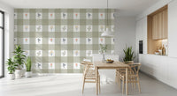 Full repeat of the sage check Gingham Floral wallpaper with floral accents
