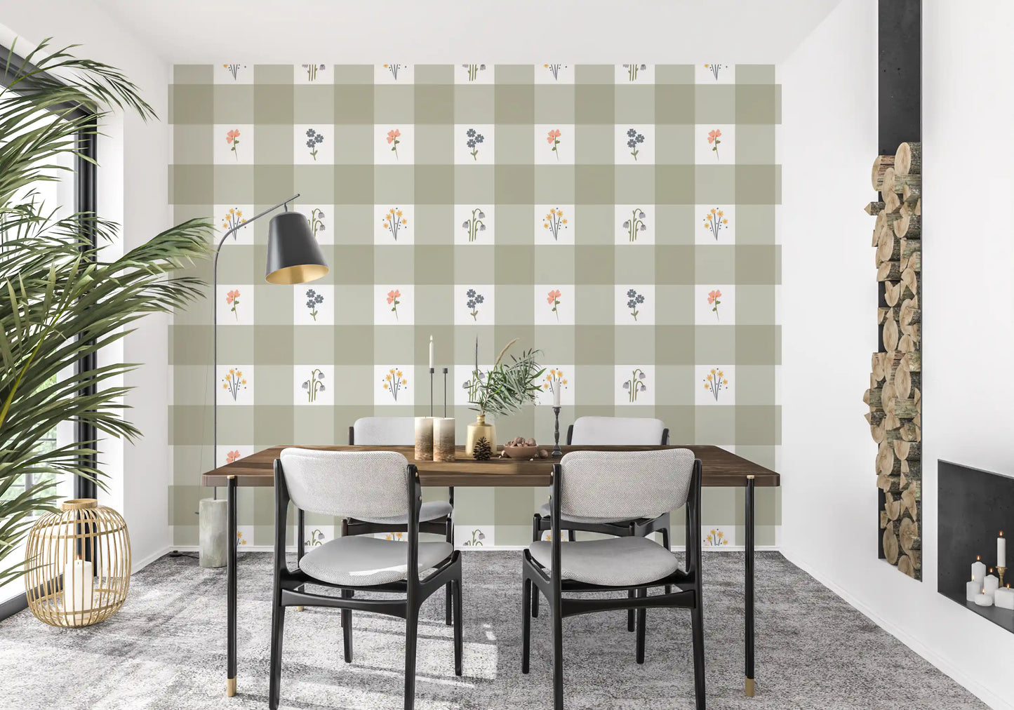 Dining room covered in the botanical Gingham Floral wallpaper