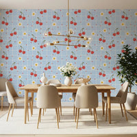 Dining space covered in Sweet Cherry Gingham retro pattern wallpaper