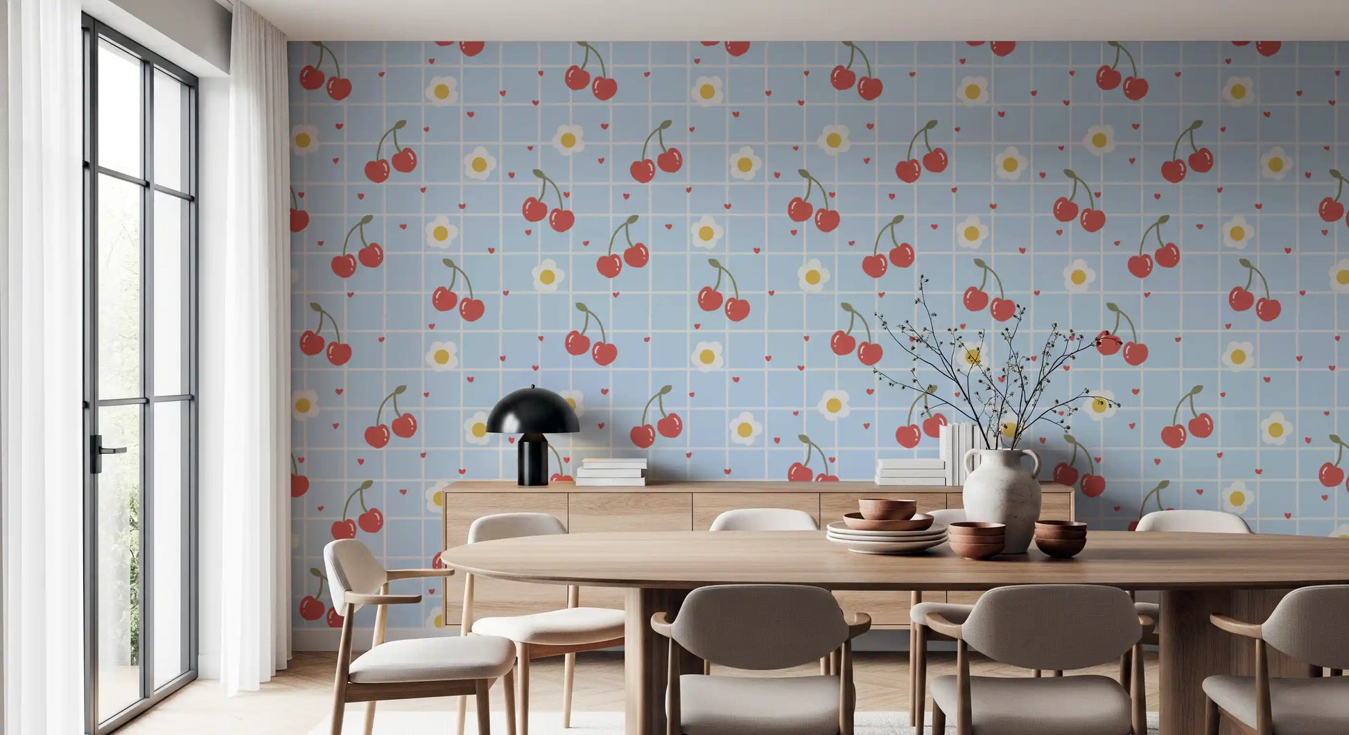 Dining nook fitted with pale toned Sweet Cherry Gingham wallpaper
