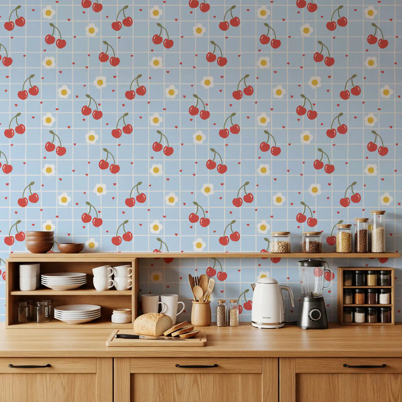 Kitchen with Sweet Cherry Gingham wallpaper behind wooden open shelving