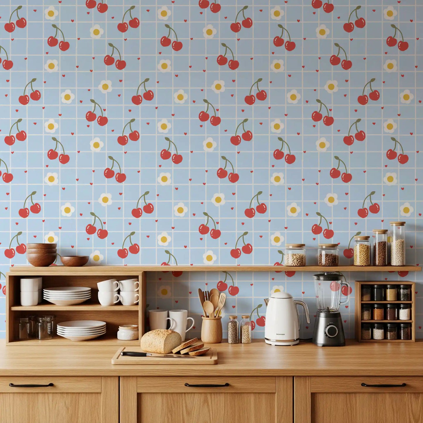 Kitchen with Sweet Cherry Gingham wallpaper behind wooden open shelving