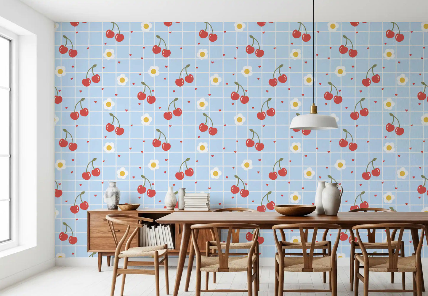 Full pattern view of the blue gingham grid Sweet Cherry wallpaper