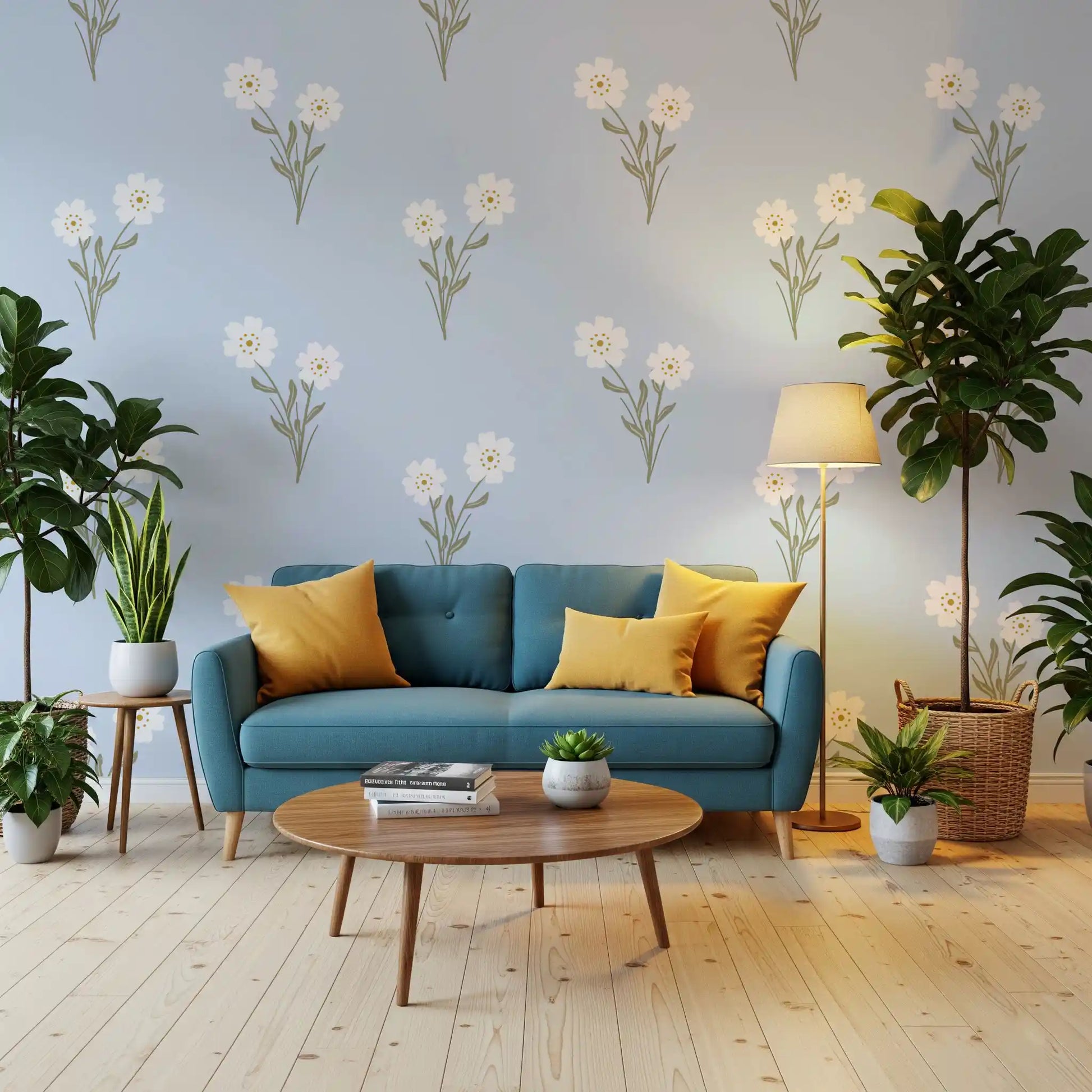 Flat illustrated flowers spaced over blue on Soft Bloom Serenity wallpaper