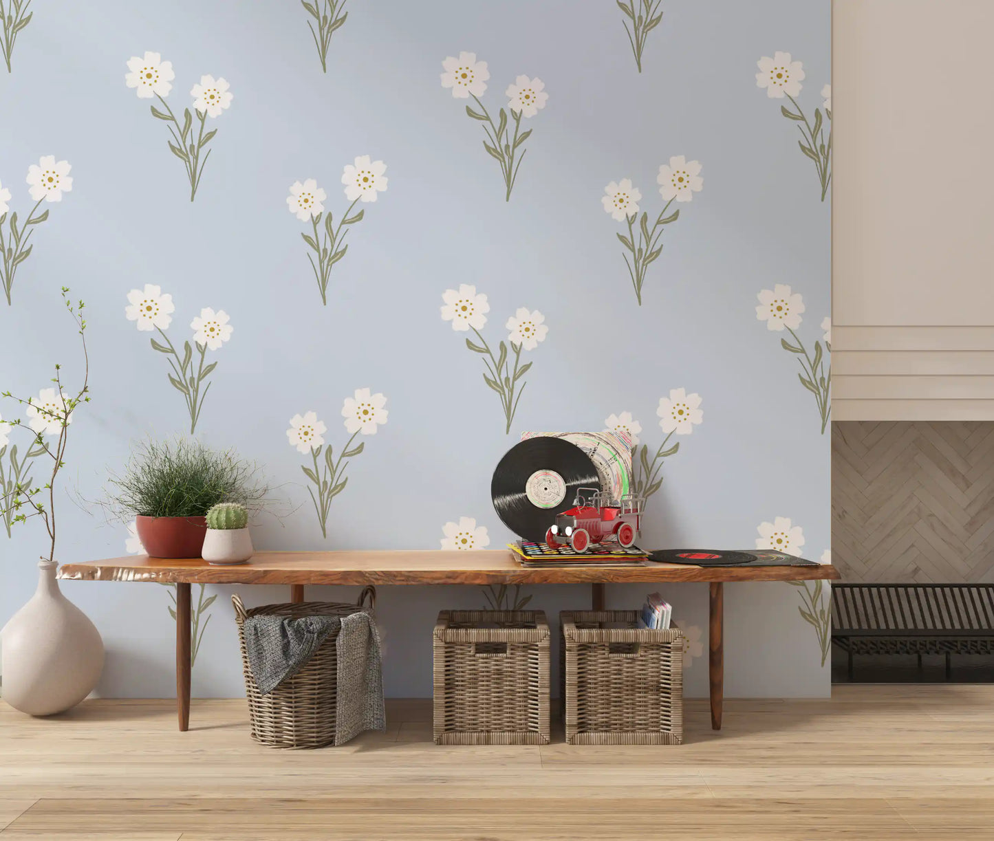Open lounge area gently lifted by Soft Bloom Serenity wallpaper
