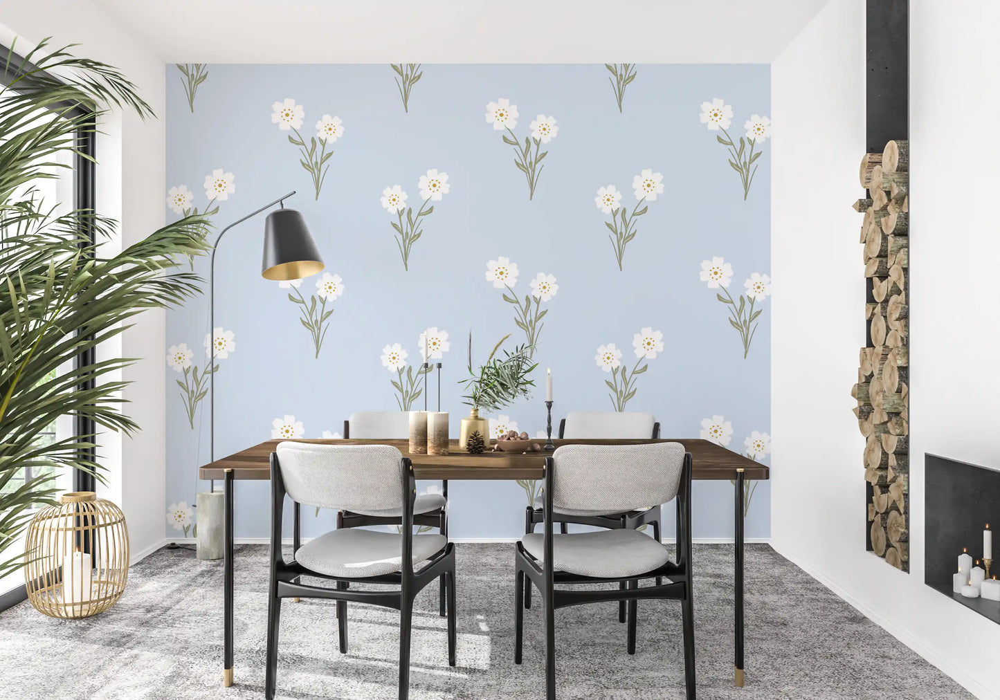 Powder blue base with scattered white florals on Soft Bloom Serenity wallpaper