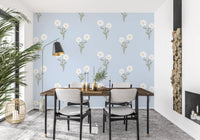 Powder blue base with scattered white florals on Soft Bloom Serenity wallpaper