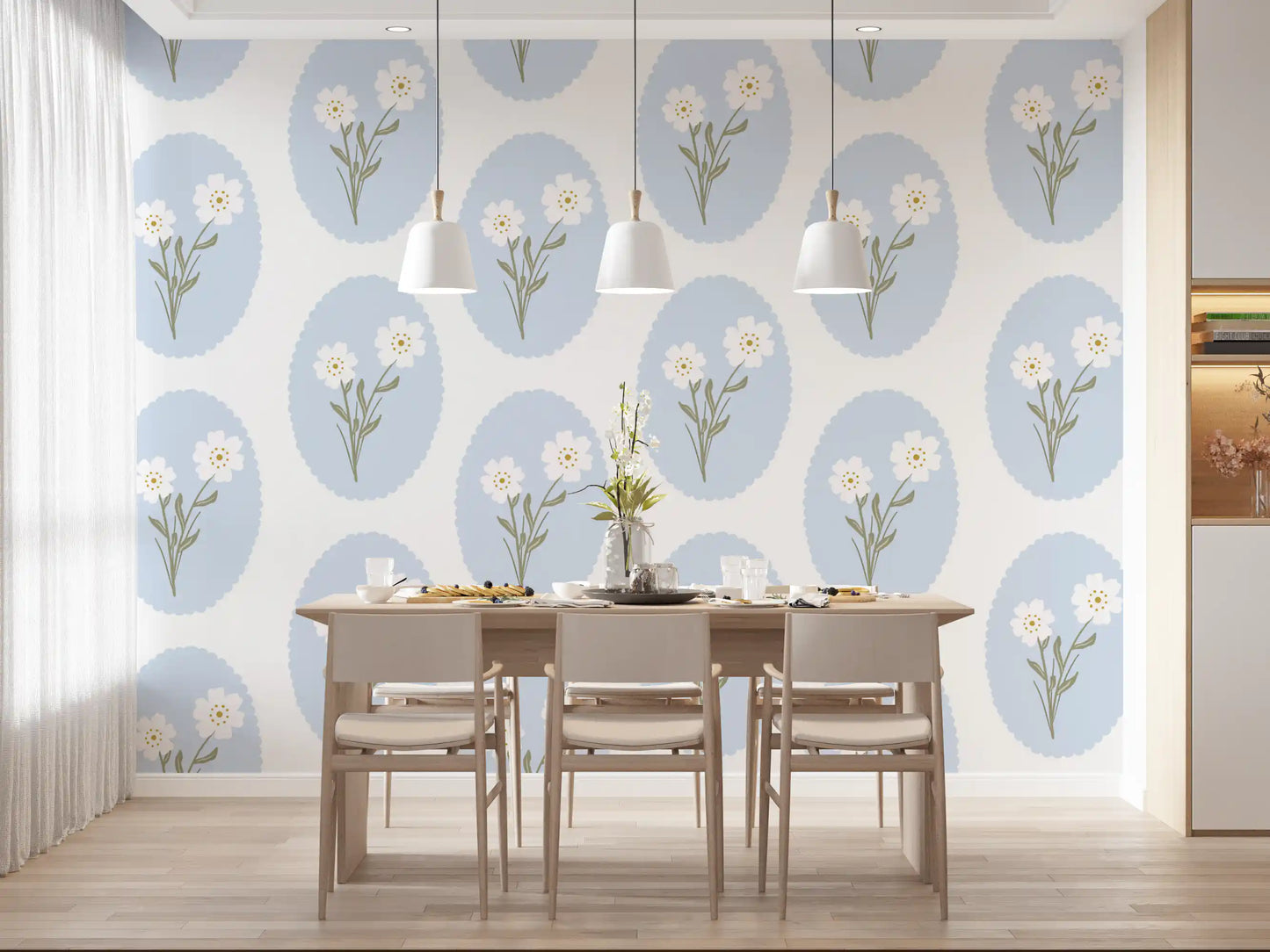 Small white five-petal blooms inside pale blue scalloped ovals on the wallpaper