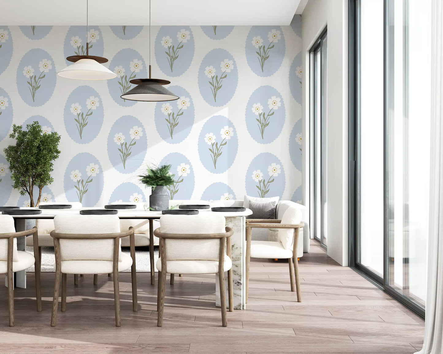 Dining room feature in the Scalloped Floral Serenity wallpaper with sage stems