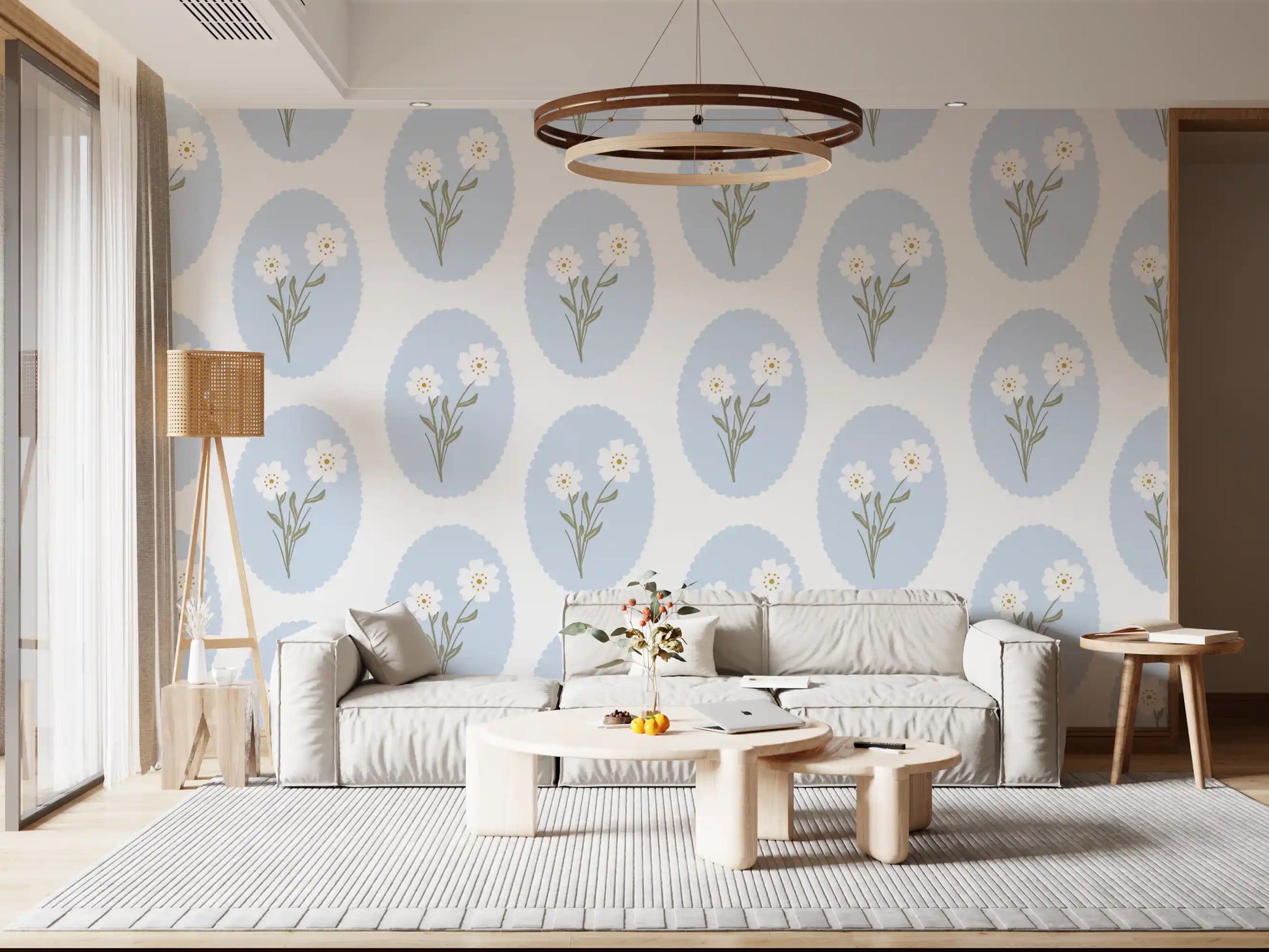 Lounge backdrop showing Scalloped Floral Serenity wallpaper in white and blue