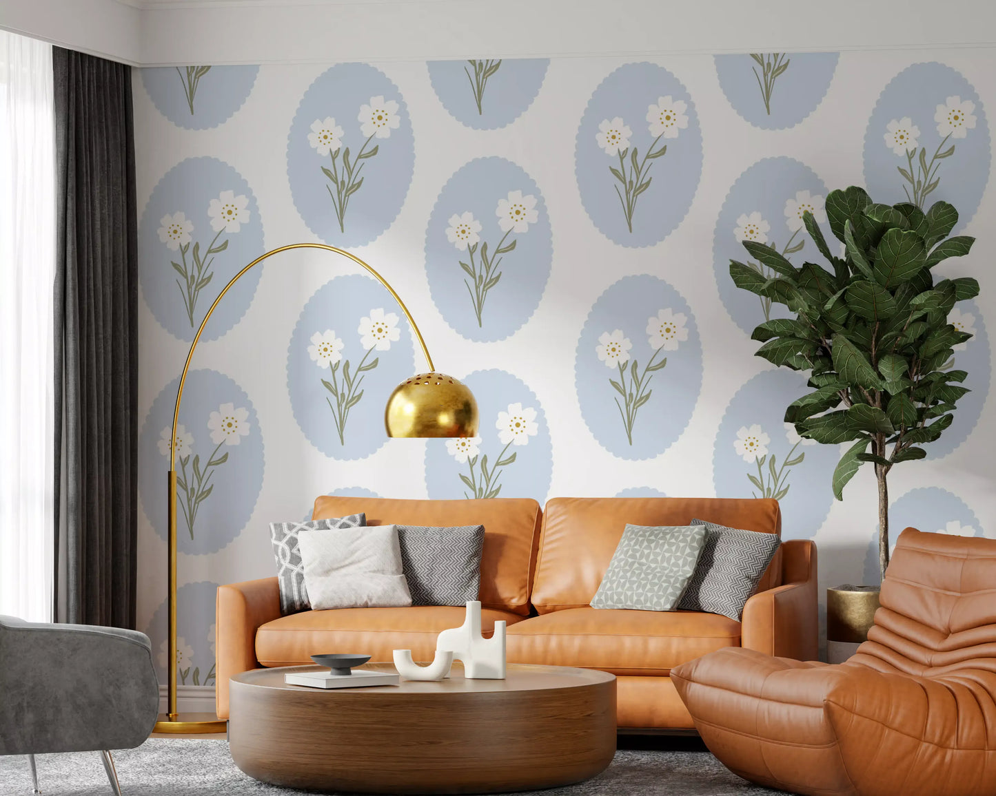 Mustard pinprick centres lift the white daisies on Serenity wallpaper repeat