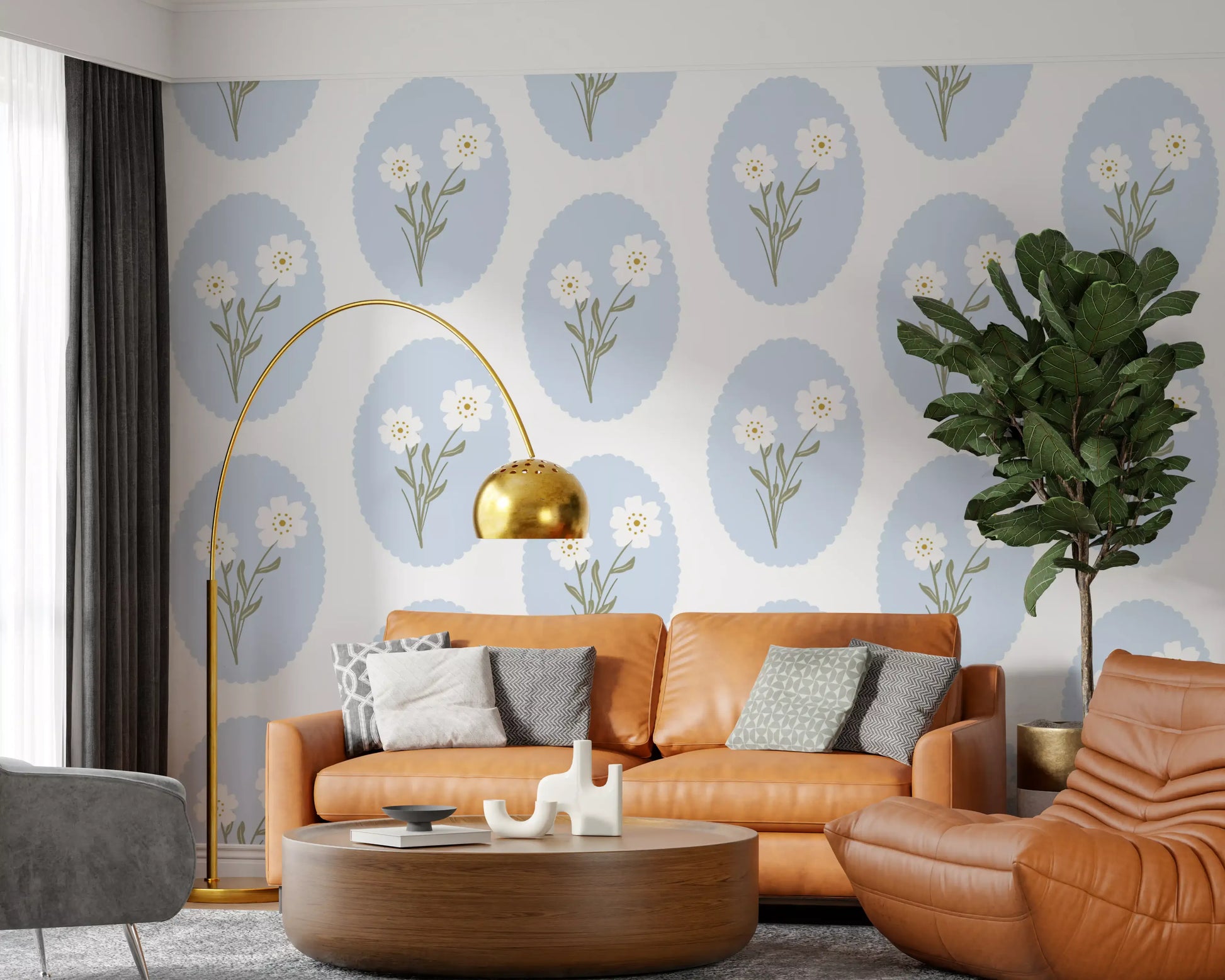 Mustard pinprick centres lift the white daisies on Serenity wallpaper repeat