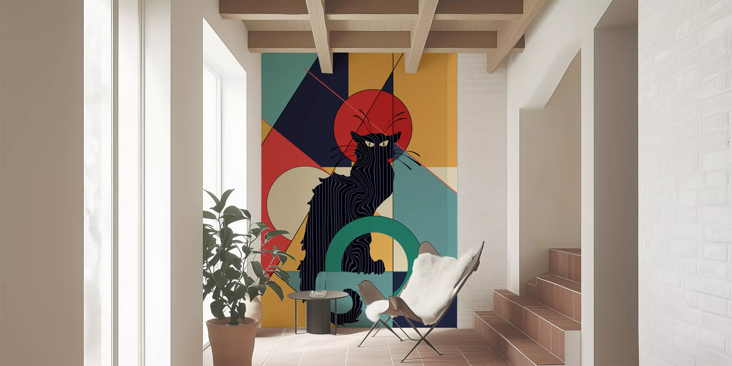 Red disc and teal blocks frame the cat figure in this Black Cat wall mural