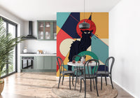 Curled green tail spirals forward on the retro Black Cat wall mural