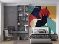 Black Cat wall mural covers a bedroom accent behind a neutral bed