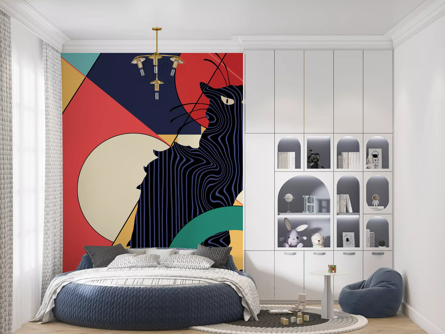 Bedroom pairs with the vivid Black Cat wall mural on the back 