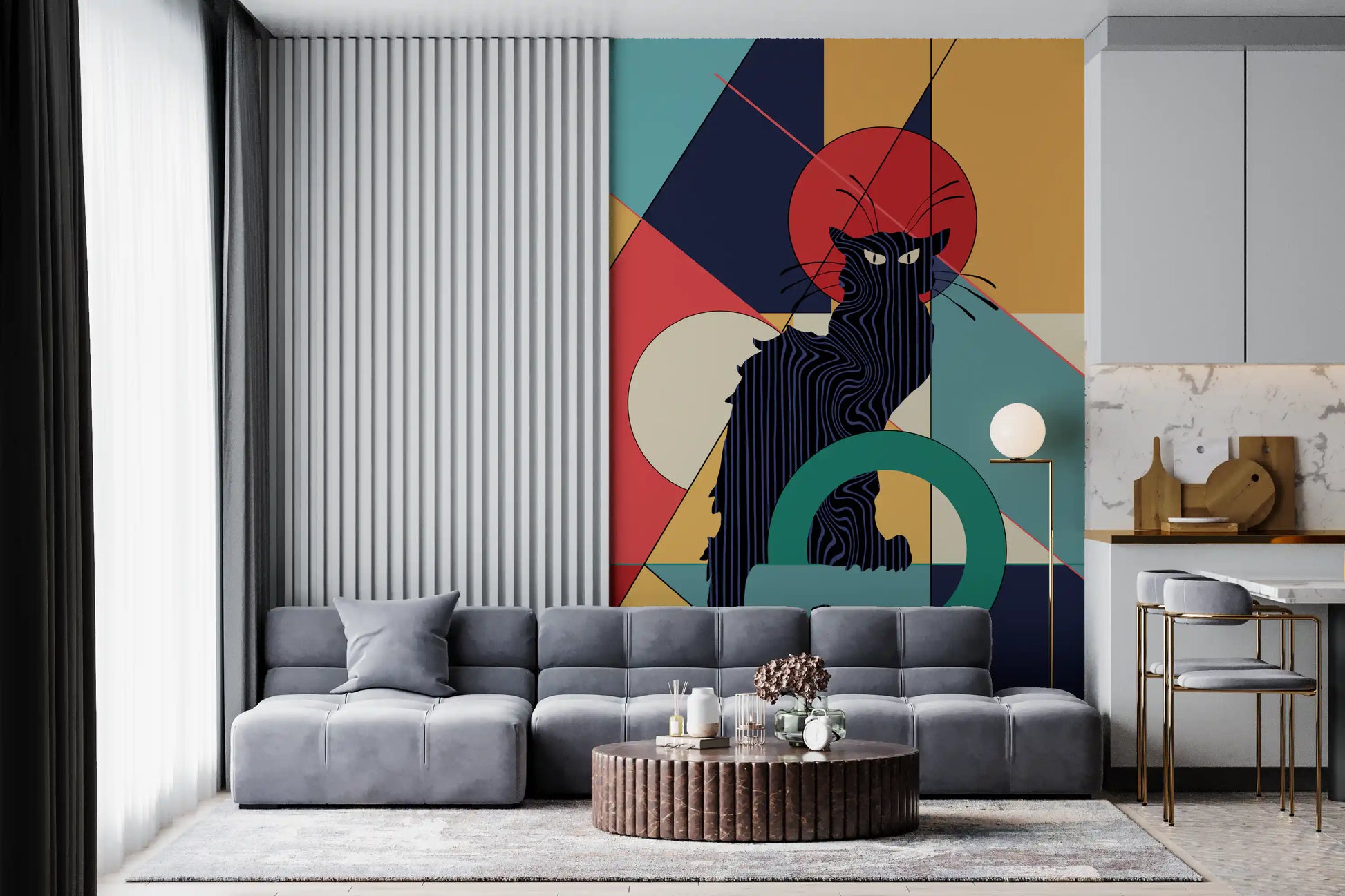 The Black Cat wall mural sits behind a lounge sofa in a bright room