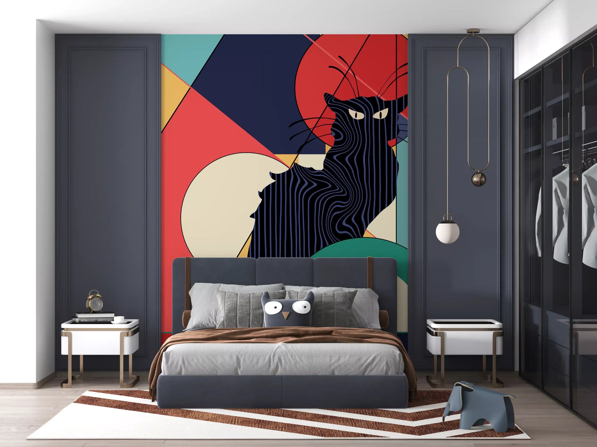 Coral and gold colour fields surround the dark feline on Black Cat wall mural