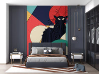 Coral and gold colour fields surround the dark feline on Black Cat wall mural