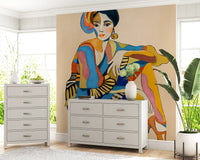 Bold seated figure on this wall mural complements a modern Hallway