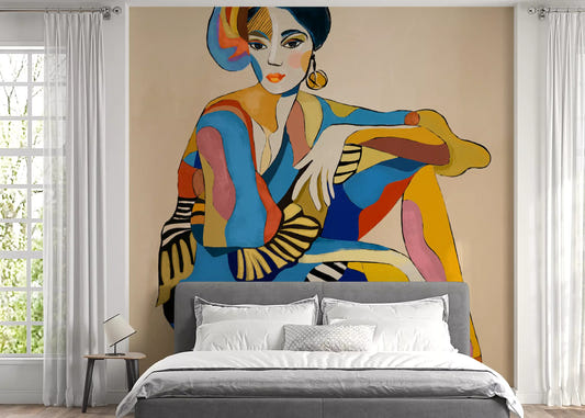 Bedroom featuring The Cabaret Dancer wall mural in bold blue and gold