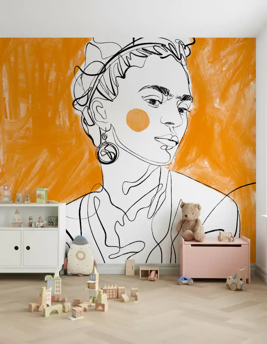 Tangerine Muse wall mural with orange portrait linework in a Nursery room 