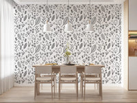 Scalloped blue medallions holding varied clusters on Cottage wallpaper