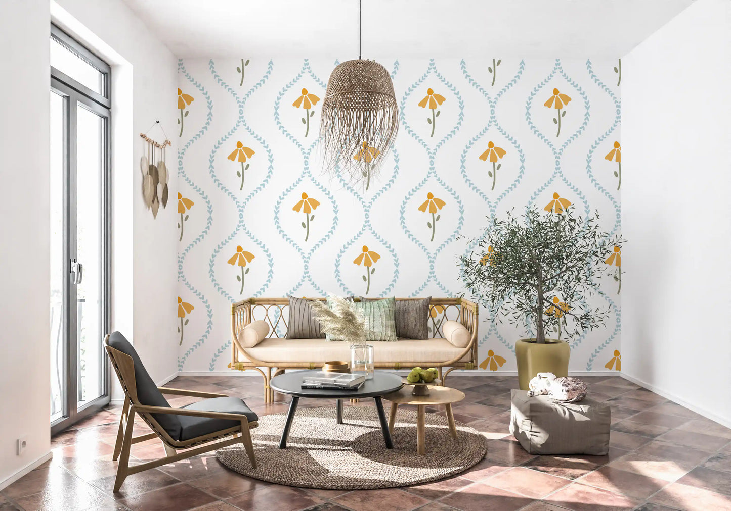 Golden bloom and blue trellis Blossom wallpaper inside a sunlit living room
