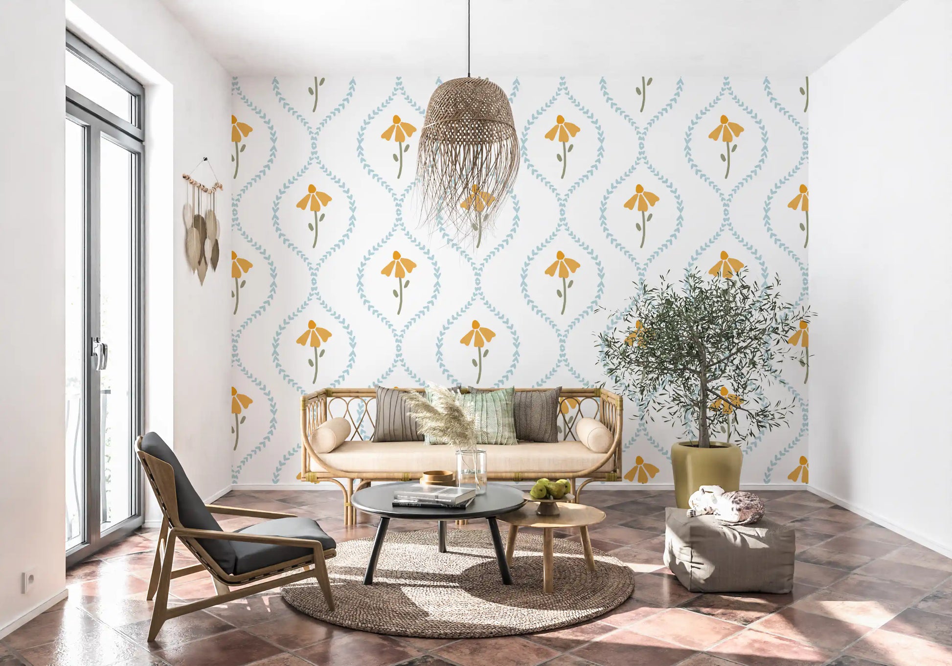 Golden bloom and blue trellis Blossom wallpaper inside a sunlit living room