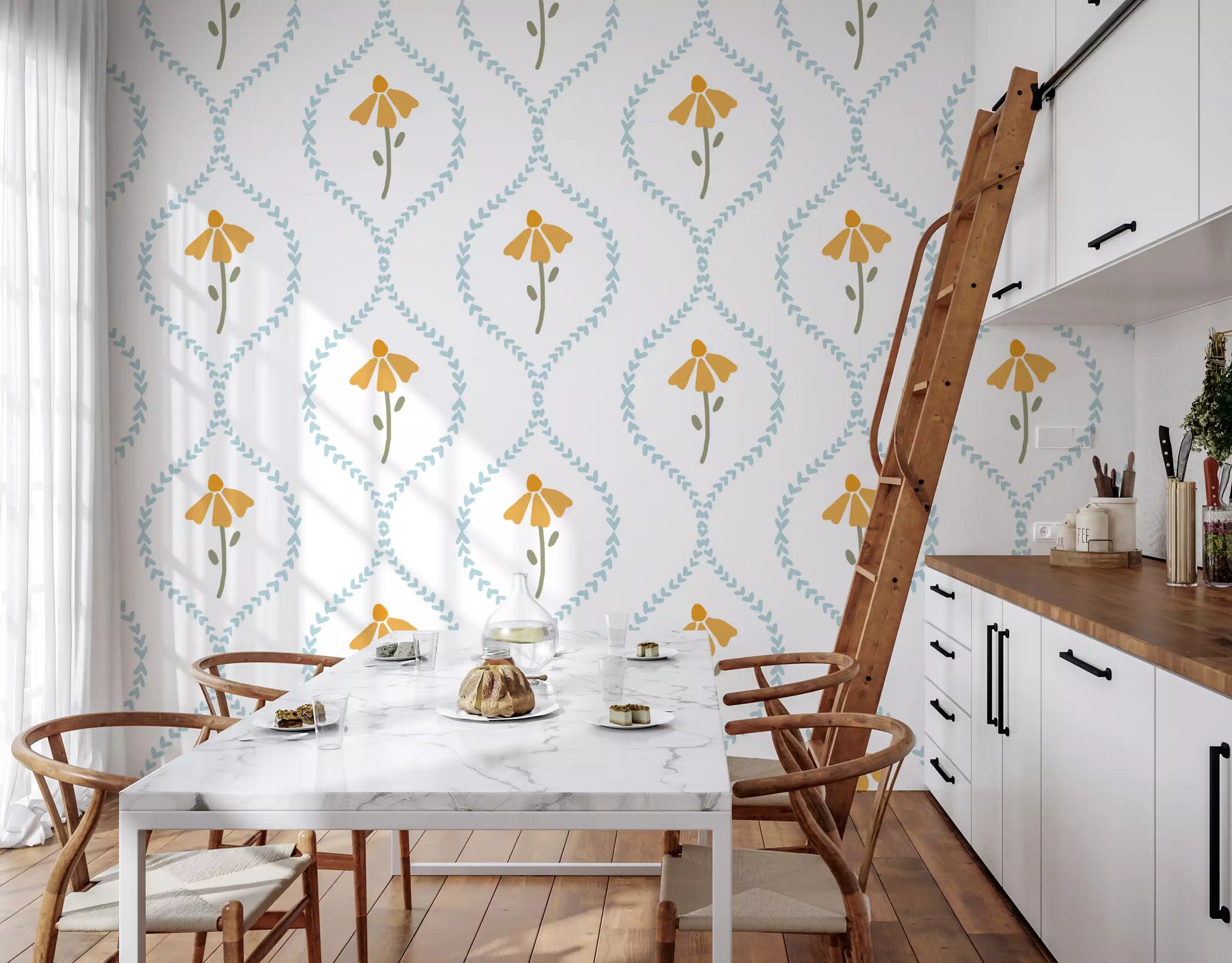 Folk style daisy motif tiled through the Sweet Blossom wallpaper