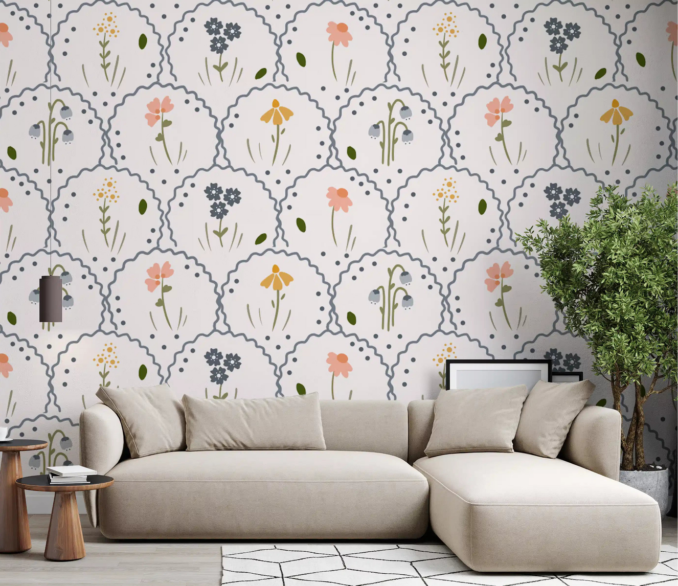 Living room accent with Victorian Wildflowers wallpaper behind a seating area