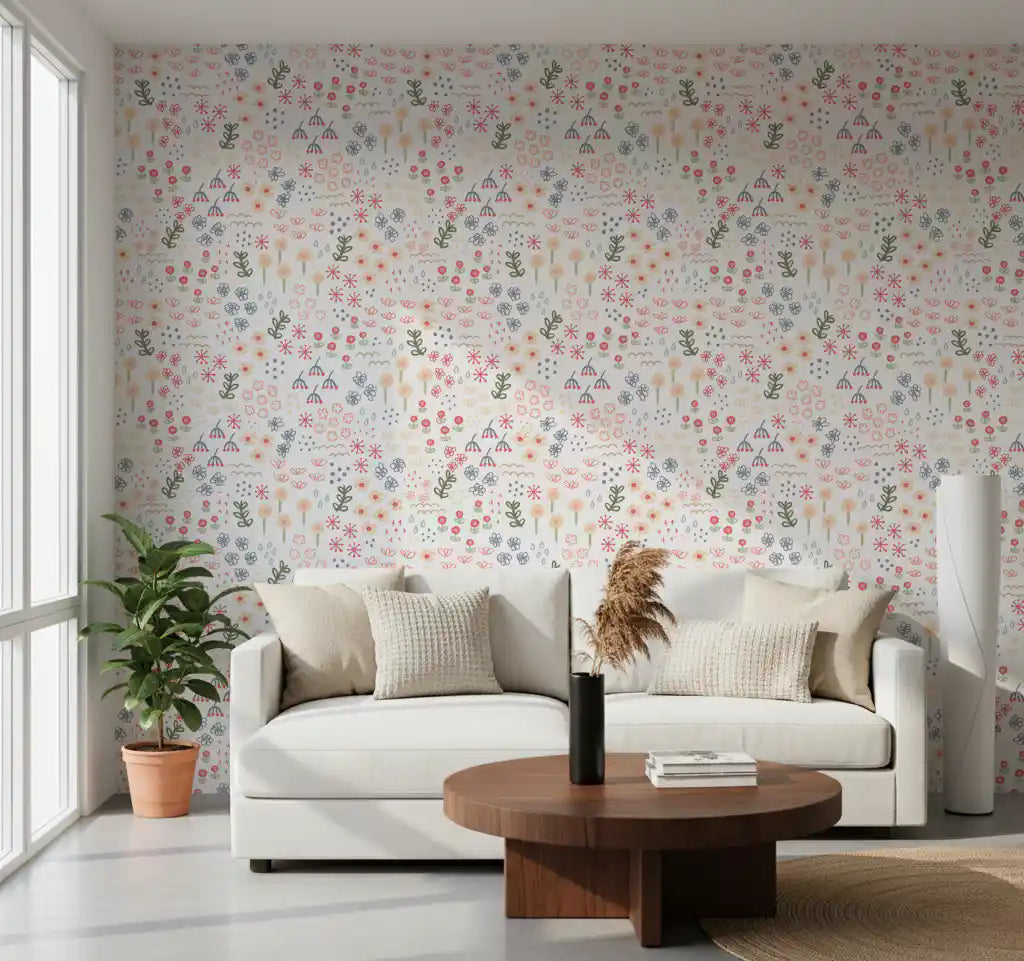 Living room cot styled below the Garden Flowers wallpaper in coral and sage