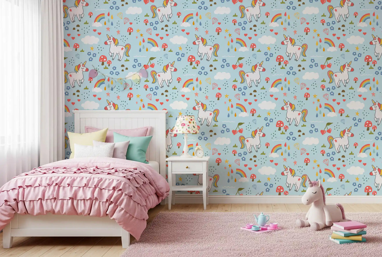 Unicorn Dreams wallpaper covering a kids' room with playful rainbow 