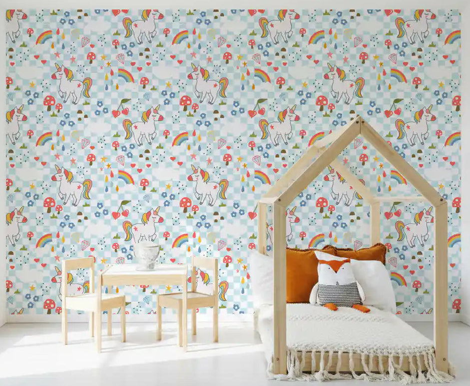 Checkerboard Unicorn Dreams wallpaper toddler bed in a kids' room