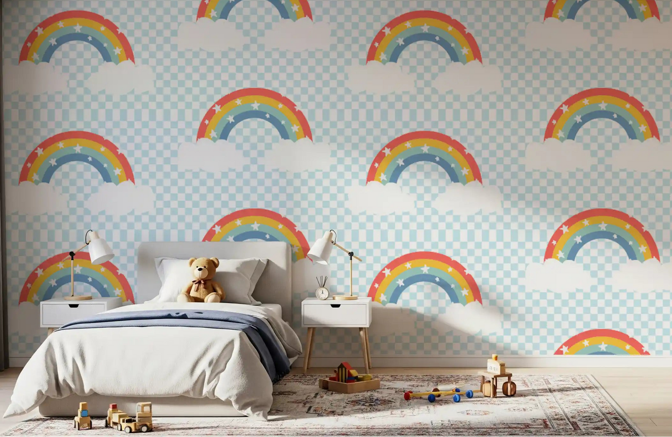 Rainbow & Starry Skies wallpaper behind a kids' bedroom setup