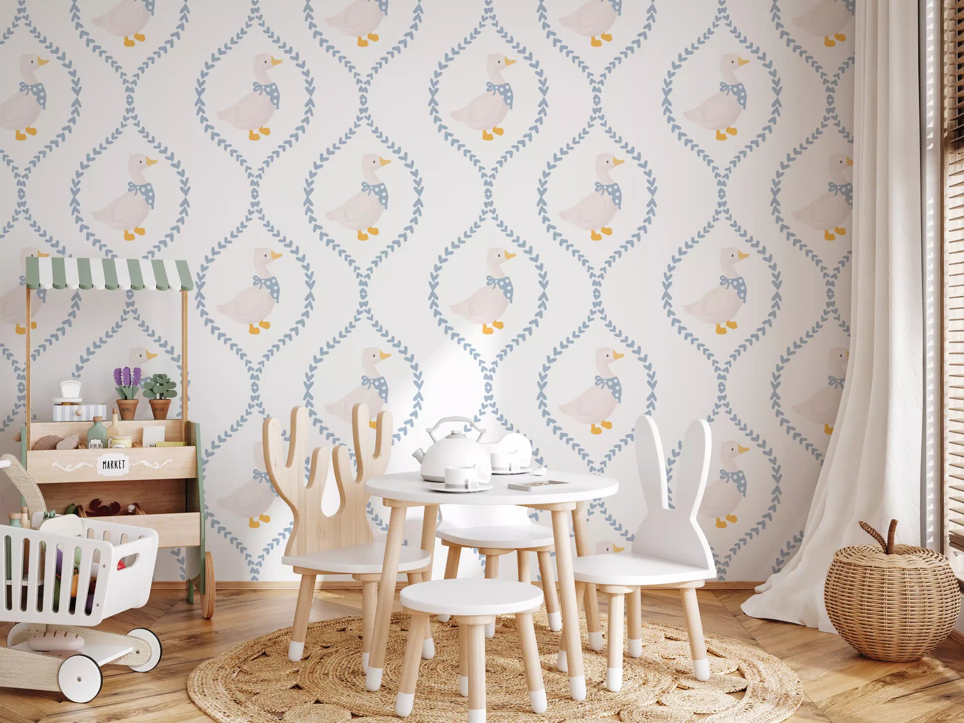 Blue heart trellis Ducks & Dainty Hearts wallpaper lining a playroom