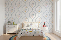 Ducks & Dainty wallpaper covering a kids bedroom in blue and ivory