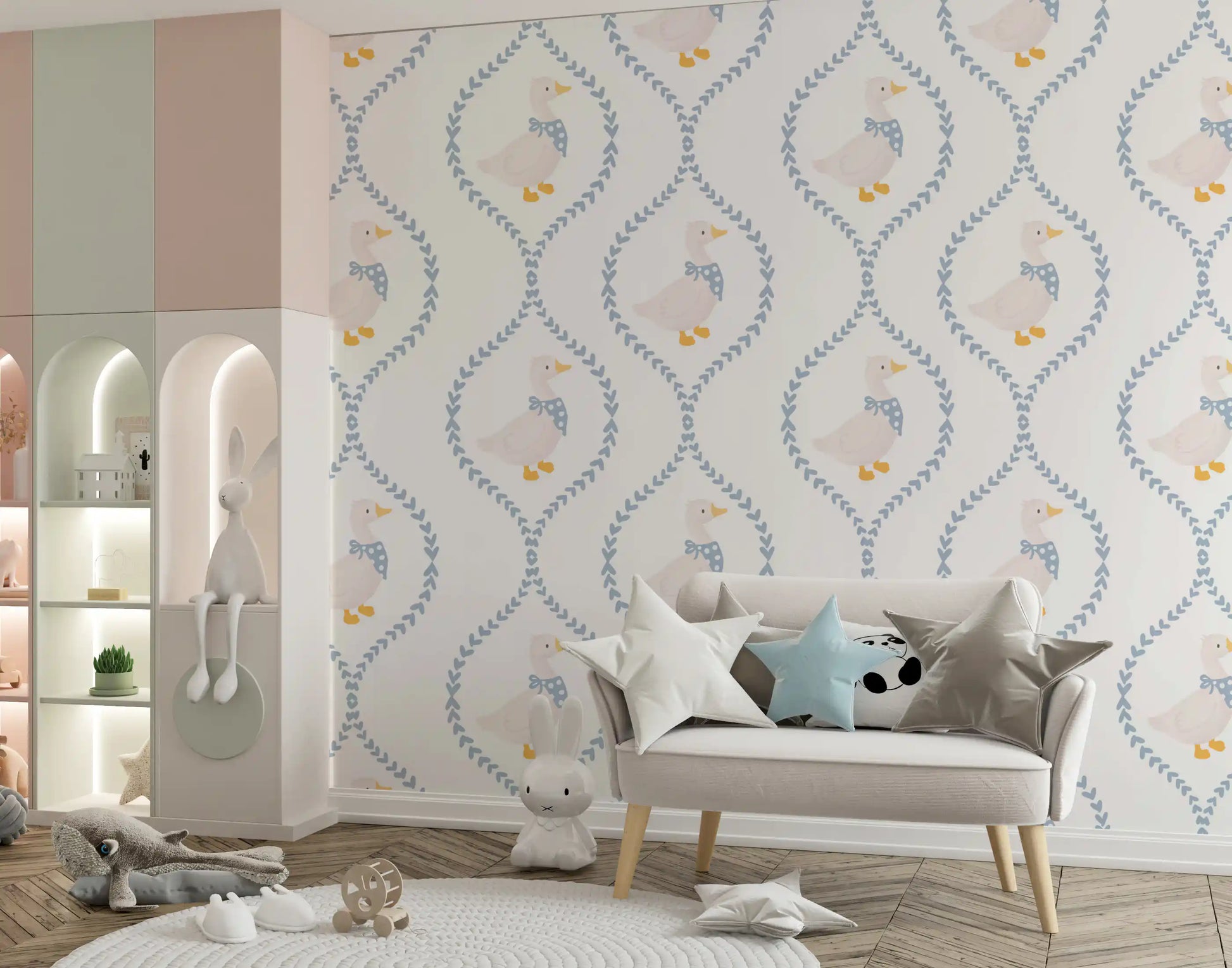 Blue chevron hearts forming trellis frames on Dapper Ducks wallpaper