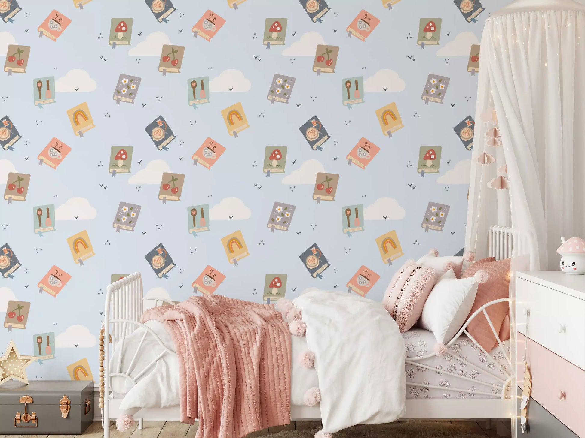 A kids' room turns cheery once dressed in Book Lovers Dreams wallpaper patterns.