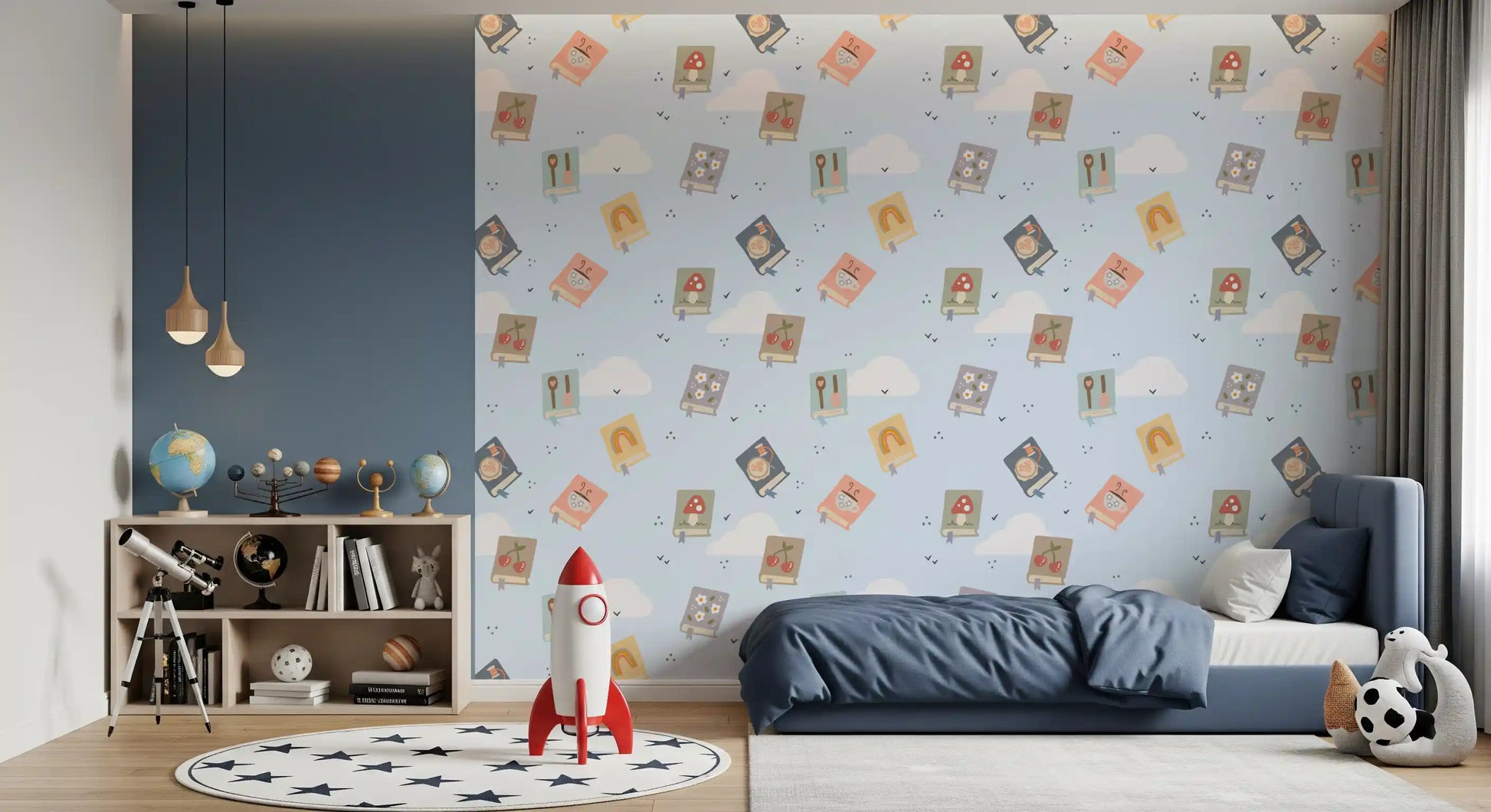 Hushed, playful mood lifts a kids' bedroom with Book Lovers wallpaper.