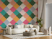 Stacked cloud tiles in pink, peach, sage and slate on Retro Wallpaper.