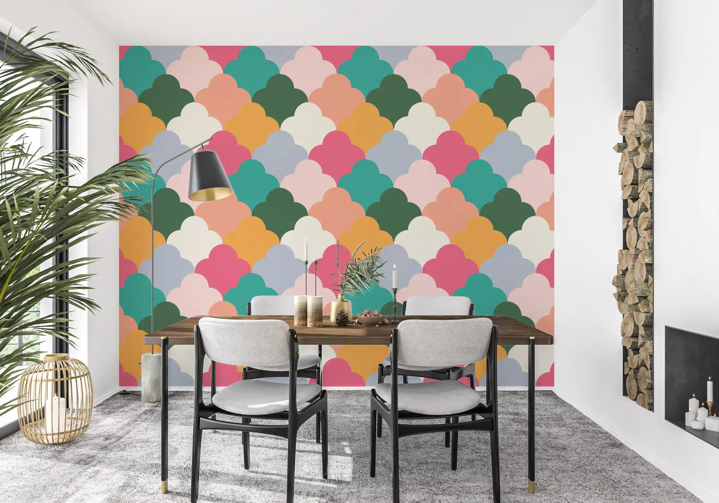 Coral, teal and mustard tiles through a Dining room as Retro Wallpaper.