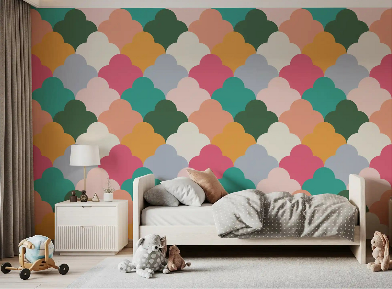 Retro Cloudscape Wallpaper fills a kids bedroom with playful scallop tiles.