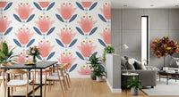 Pink bloom repeat of Soft Floral Wallpaper running Dining and living area  